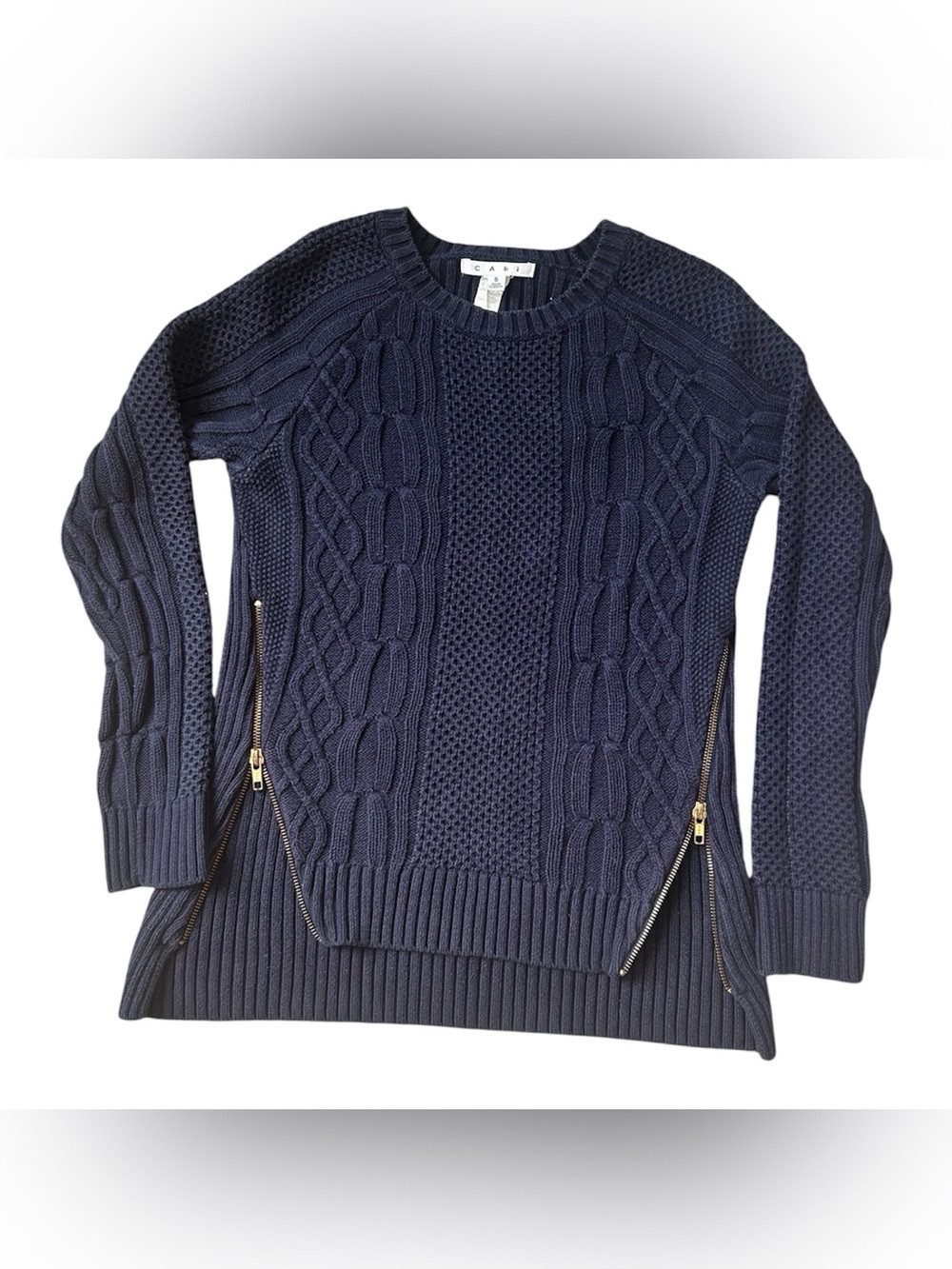 Cabi Y2K Navy Blue Cable Knit And Thick Ribbed Sweater w/Zippers size Small